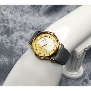 vintage luis santini gold tone rhinestone roman numeral leather band watch